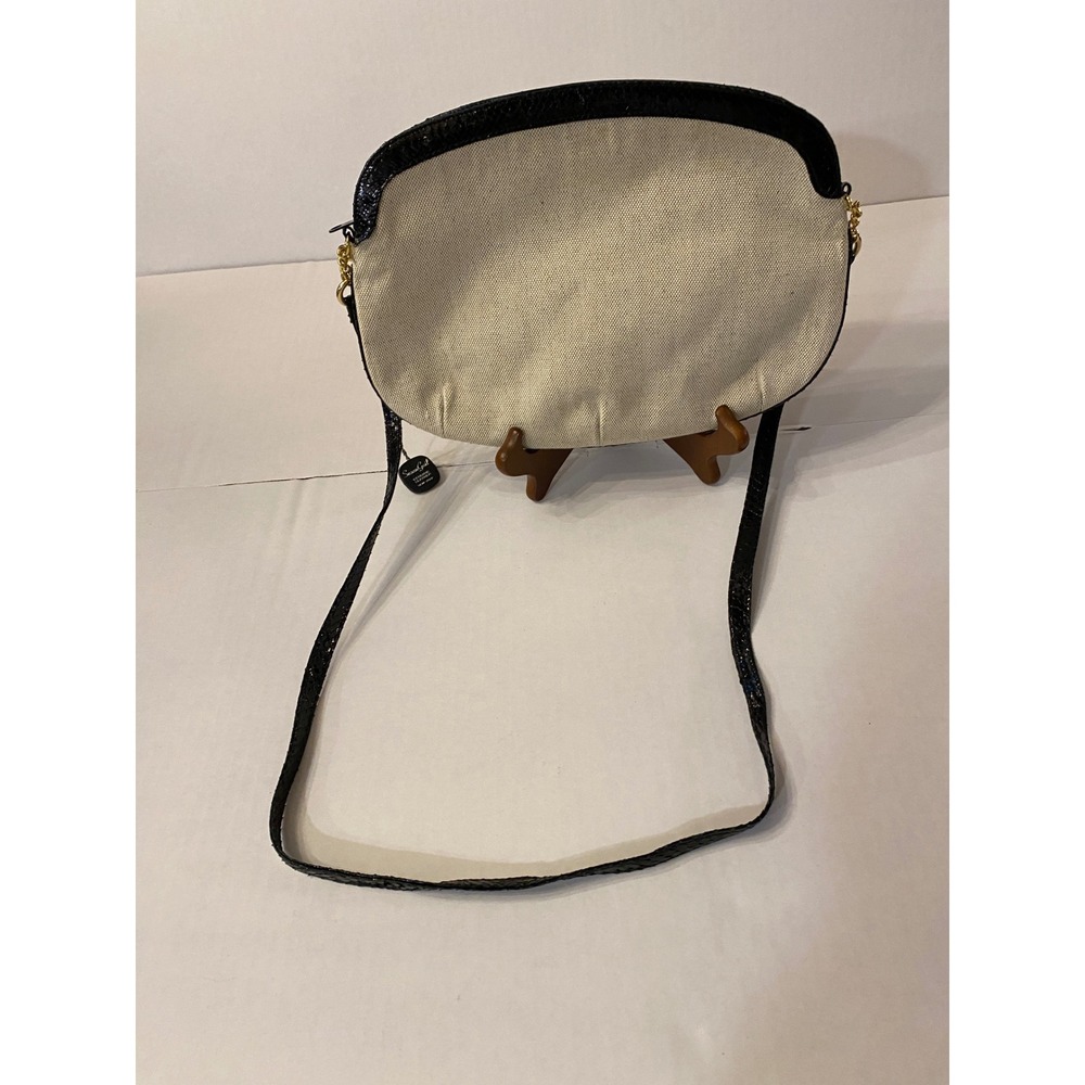 Susan Gail Vintage Black Leather Snakeskin Trim Ivory Canvas Crossbody Bag Spain